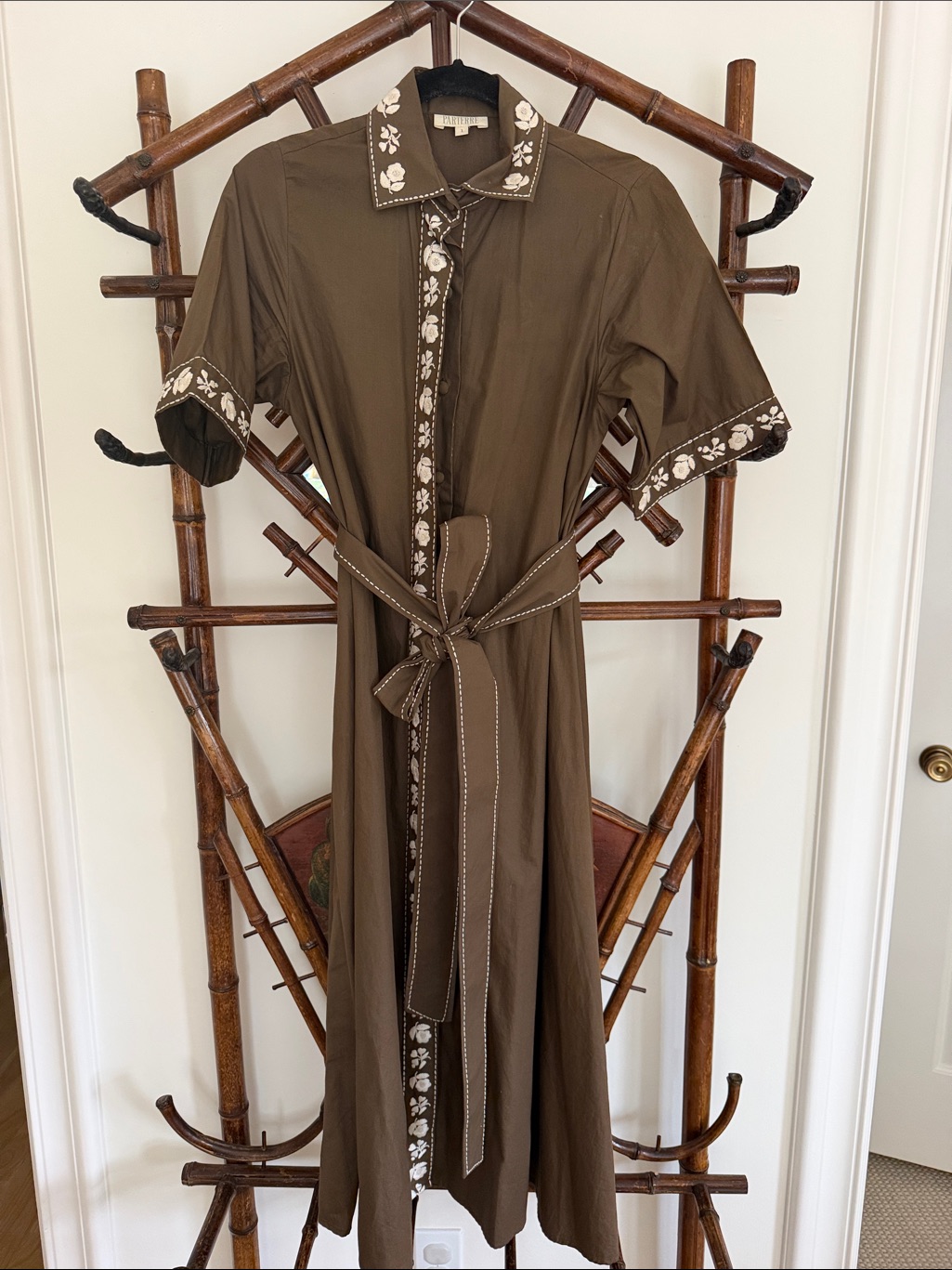 Olive Brown Floral-Trim Midi Shirt Dress By Paterre